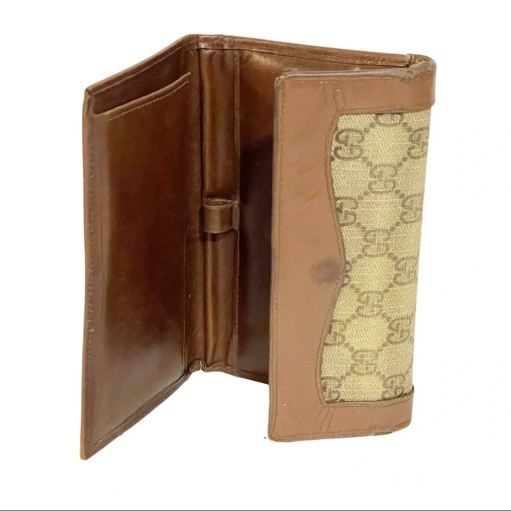 Gucci Vintage Brown Leather Cloth Wallet‎ Check Holder Snap Zipper